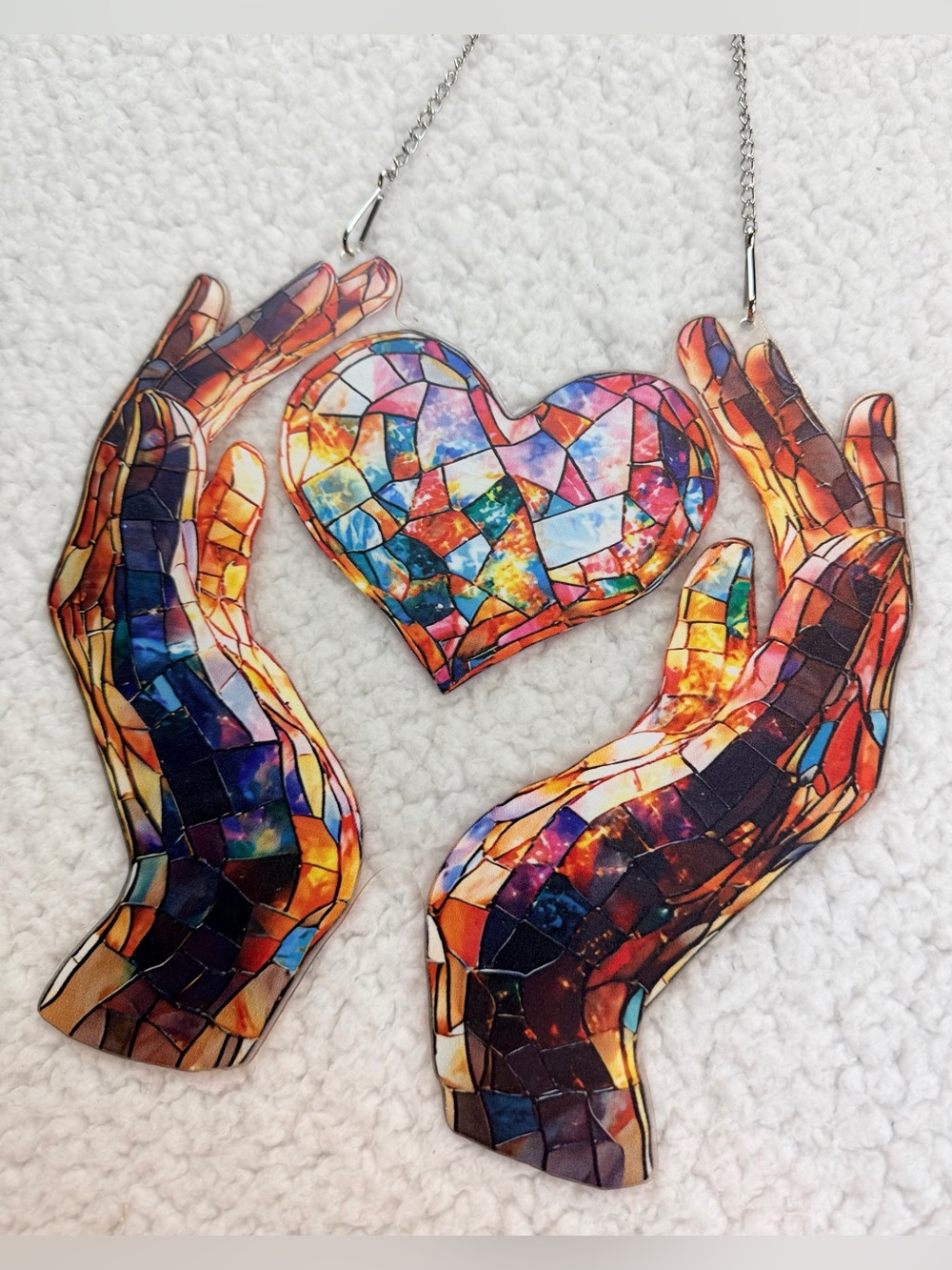 Multicolor Mosaic / Faux Stained Glass Heart and Hands Hanging Wall Art, OS - Picture 8 of 10
